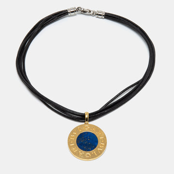 Bvlgari Tondo Lapis Lazuli Onyx 18k Yellow Gold Stainless Steel Leather Cord Pendant Necklace