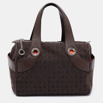 Bvlgari Brown Logo Mania Fabric and Leather Boston Bag