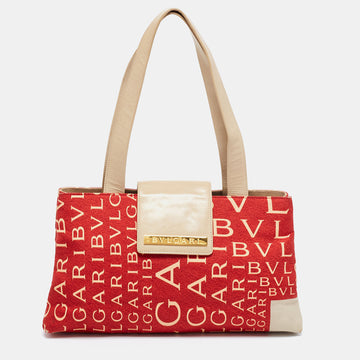 Bvlgari Red/Beige Logo Mania Fabric and Leather Baguette Bag