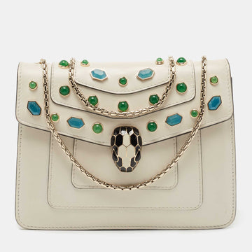 Bvlgari Off White Leather Serpenti Forever Crystal Embellished Shoulder Bag