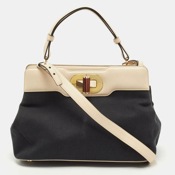 BVLGARI Black/Cream Leather And Canvas Isabella Rossellini Top Handle Bag