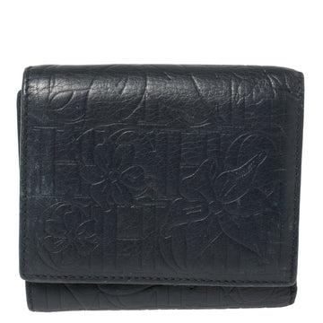 CAROLINA HERRERA Navy Blue Monogram Leather Trifold Compact Wallet