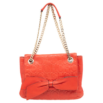 CAROLINA HERRERA Orange Monogram Embossed Leather Audrey Shoulder Bag