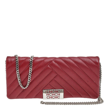 CH CAROLINA HERRERA Red Chevron Leather Bimba Chain Flap Shoulder Bag