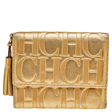 CAROLINA HERRERA Metallic Gold Embossed Leather Trifold Compact Wallet