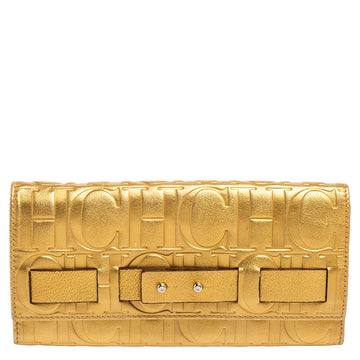 CAROLINA HERRERA Metallic Gold Embossed Leather Flap Continental Wallet