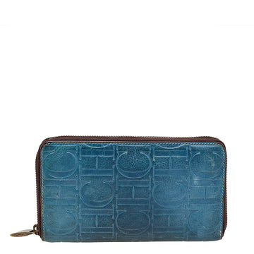 CAROLINA HERRERA Blue Monogram Embossed Leather Zip Around Wallet