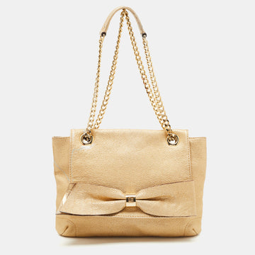 CAROLINA HERRERA Gold Monogram Embossed Leather Bow Flap Shoulder Bag