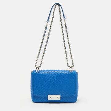 CAROLINA HERRERA Blue Chevron Quilted Leather Pushlock Flap Shoulder Bag