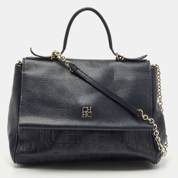 CAROLINA HERRERA Navy Blue Leather Minueto Flap Bag