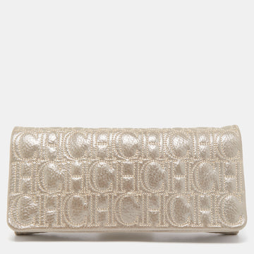 CAROLINA HERRERA Grey Monogram Shimmer Suede Flap Clutch