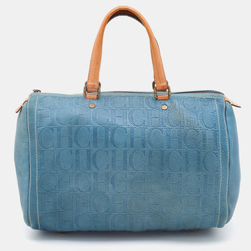 CAROLINA HERRERA Light Blue Monogram Leather large Andy Boston Bag