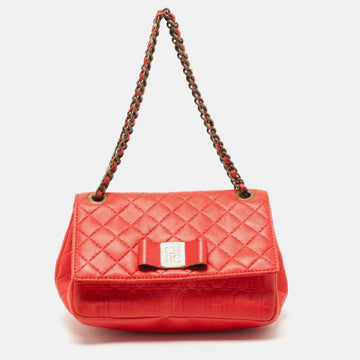 CAROLINA HERRERA Red Quilted Leather Bow Flap Chain Bag