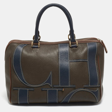 CAROLINA HERRERA Dark Brown/Blue Leather CH Logo Boston Bag