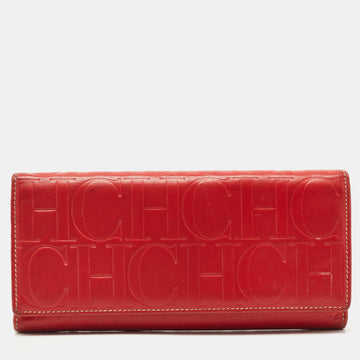 CAROLINA HERRERA Red Monogram Embossed Leather Flap Continental Wallet