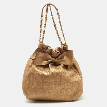 CAROLINA HERRERA Gold Monogram Embossed Leather Bow Bucket Hobo