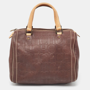 CAROLINA HERRERA Brown Leather Monogram Embossed Andy Boston Bag