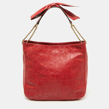 CAROLINA HERRERA Red Monogram Embossed Leather Chain Bow Hobo