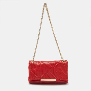 CAROLINA HERRERA Red CH Embossed Leather Flap Chain Shoulder Bag