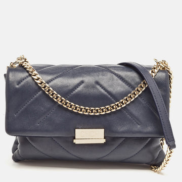 CAROLINA HERRERA Navy Blue Quilted Leather Pushlock Flap Shoulder Bag