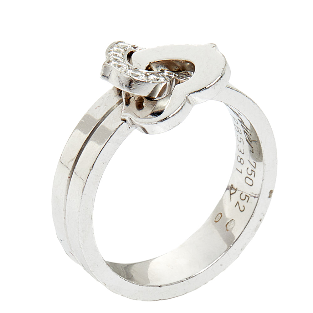 Cartier Double Heart Diamond 18K White Gold Cocktail Ring Size 52