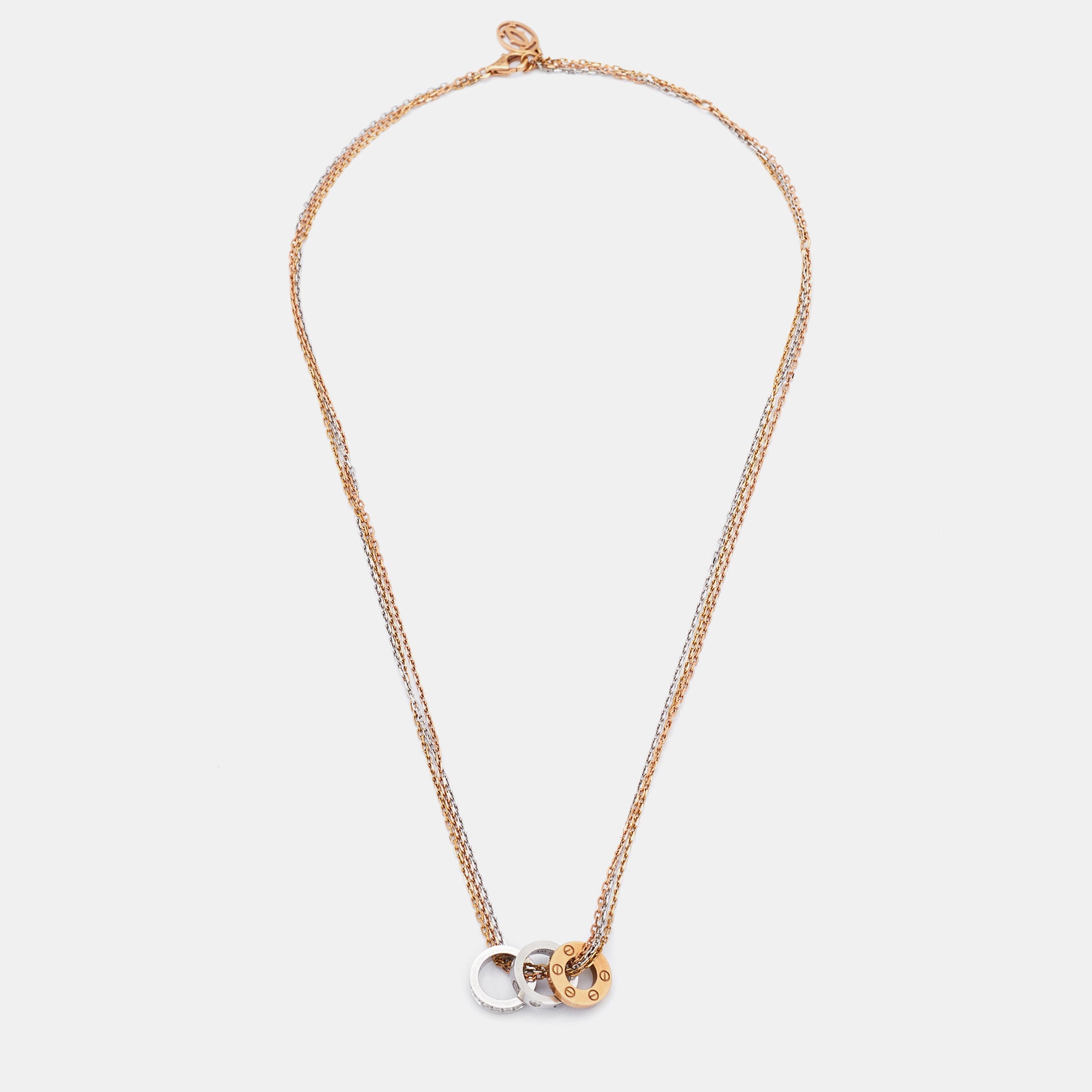 CARTIER Love 3 Hoops Diamonds 18k Three Tone Gold Chain Necklace