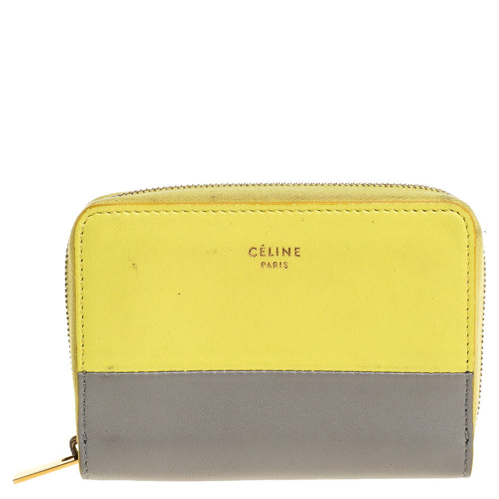 Celine Yellow Grey Leather Zip Around Coin Purse