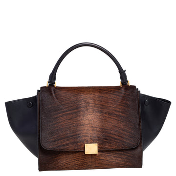 Celine Black/Brown Calf Hair and Leather Medium Trapeze Top Handle Bag