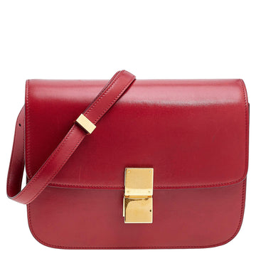 Celine Red Leather Medium Classic Box Shoulder Bag