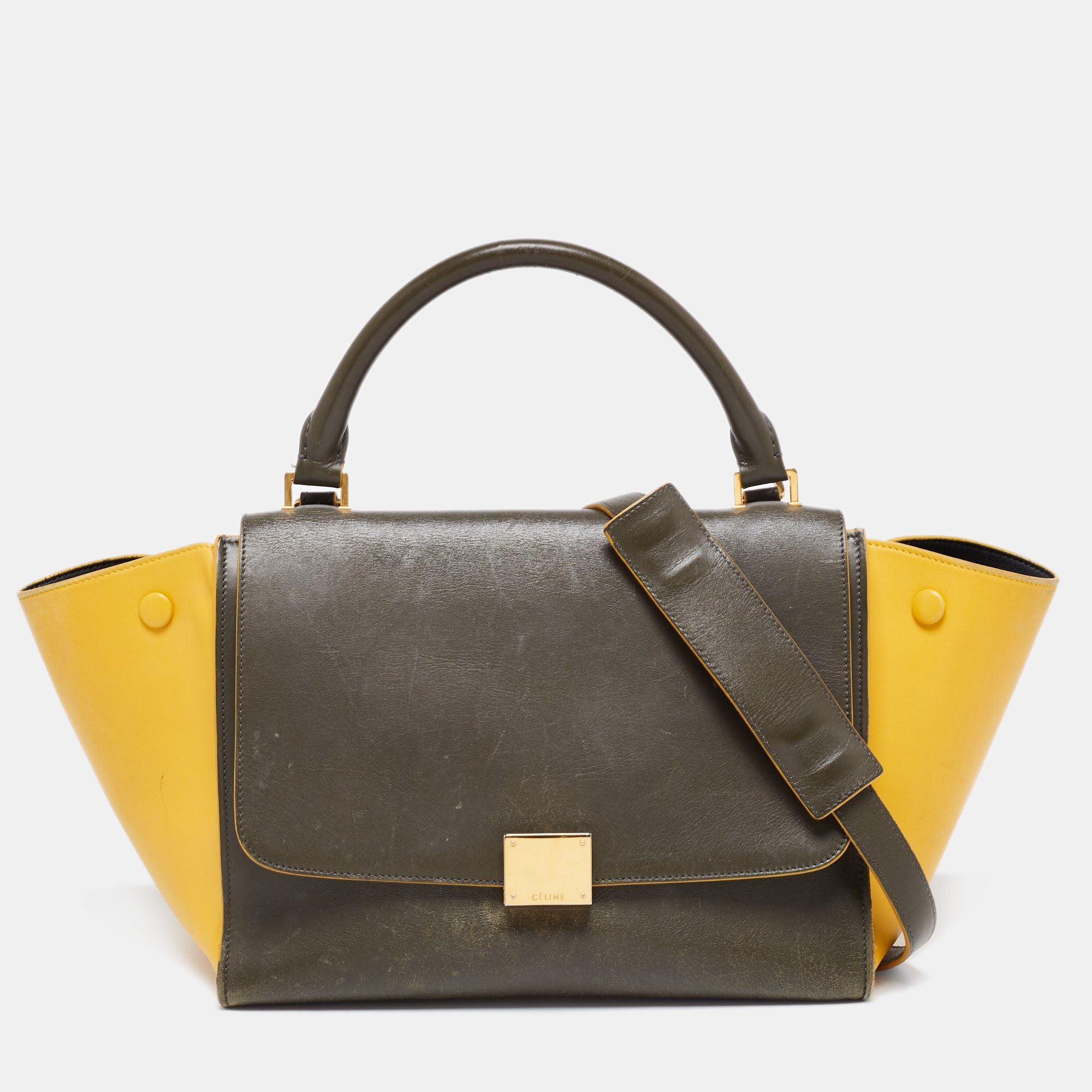 Celine Olive Green Yellow Leather Small Trapeze Bag