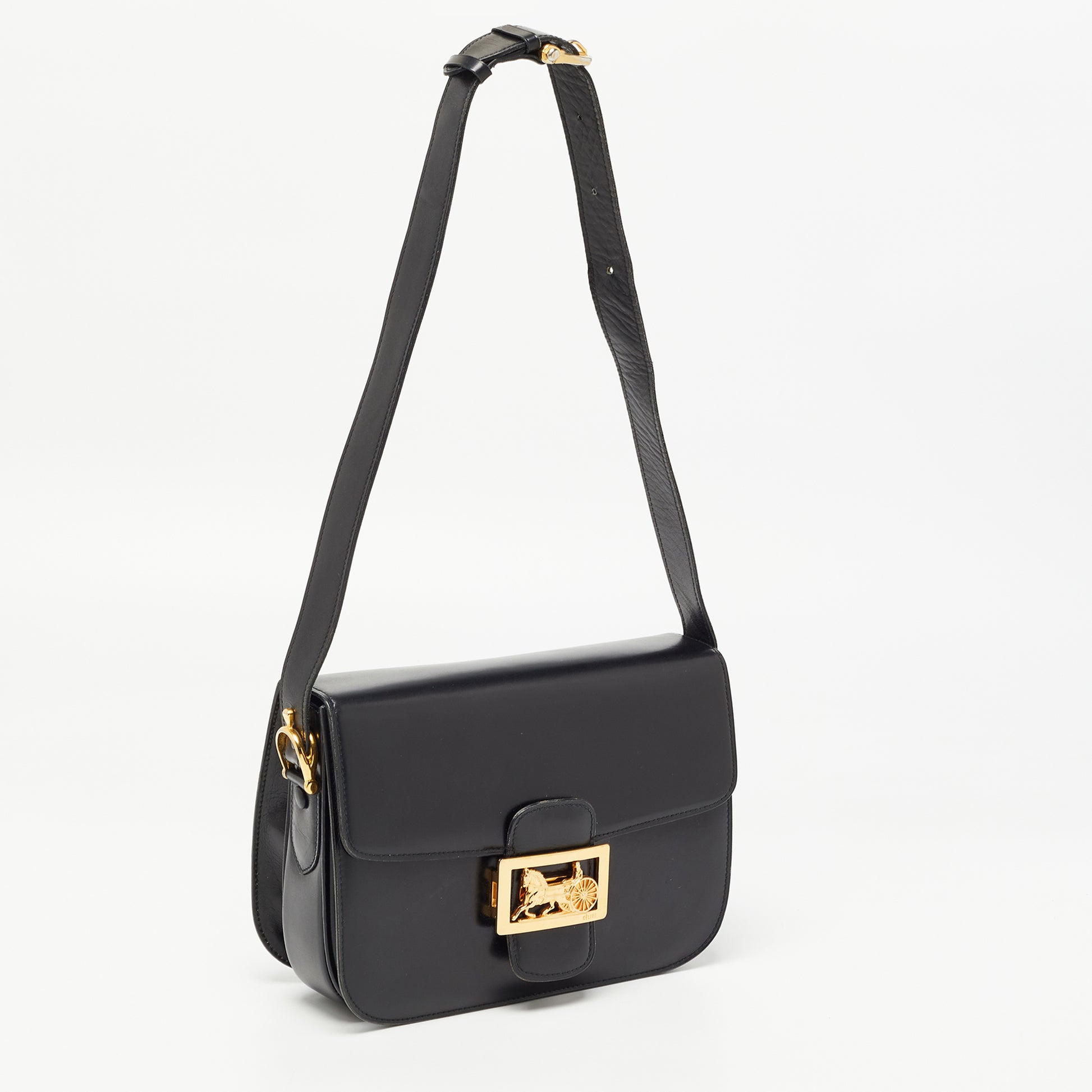 Céline CELINE Horse Carriage Shoulder Bag Leather Black Auth