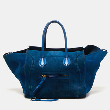 CELINE Blue Leather and Suede Medium Phantom Luggage Tote