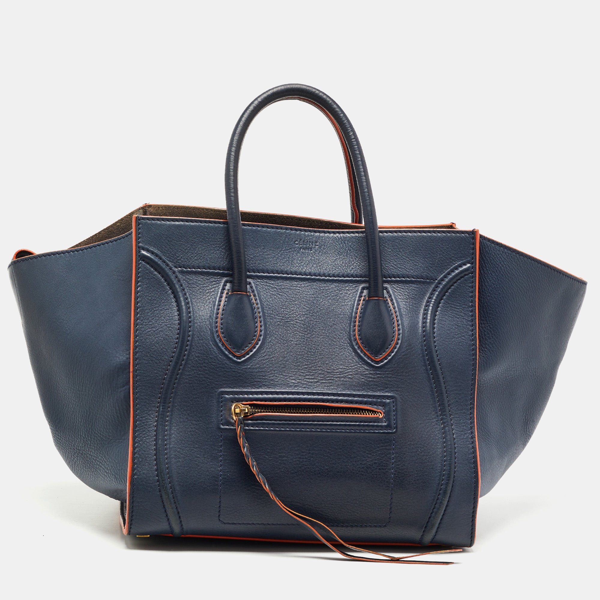 CELINE Navy Blue Orange Leather Medium Phantom Luggage Tote