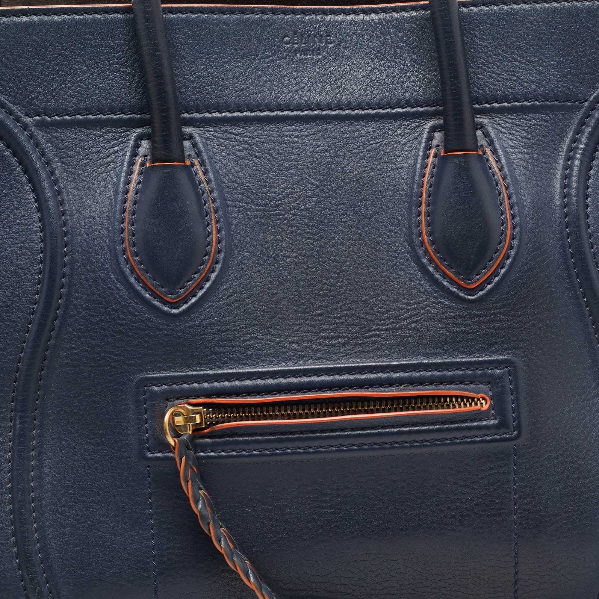 CELINE Navy Blue Orange Leather Medium Phantom Luggage Tote