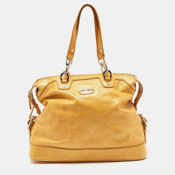 CELINE Mustard Crinkled Glossy Leather Logo Satchel