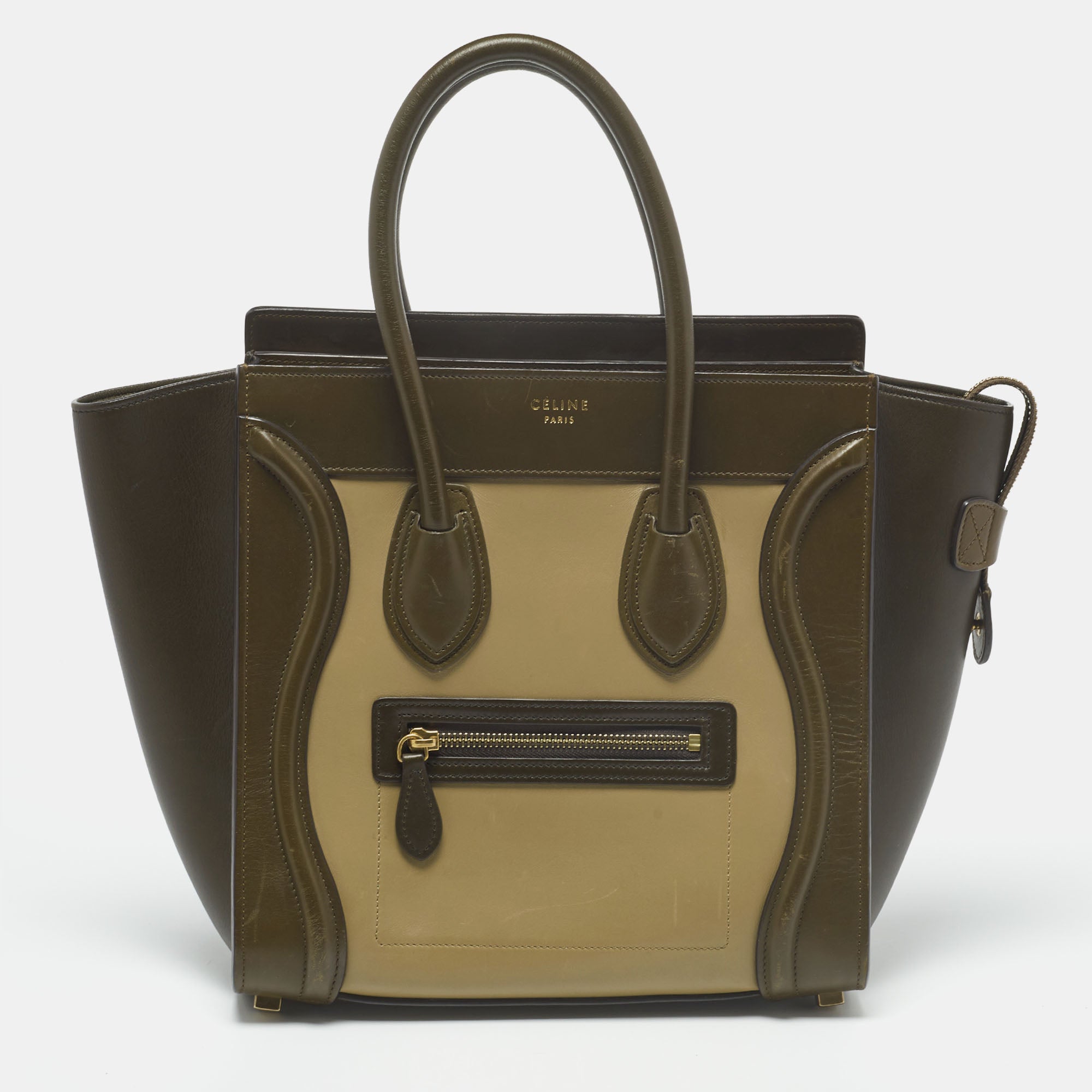 CELINE Beige Olive Green Leather Micro Luggage Tote