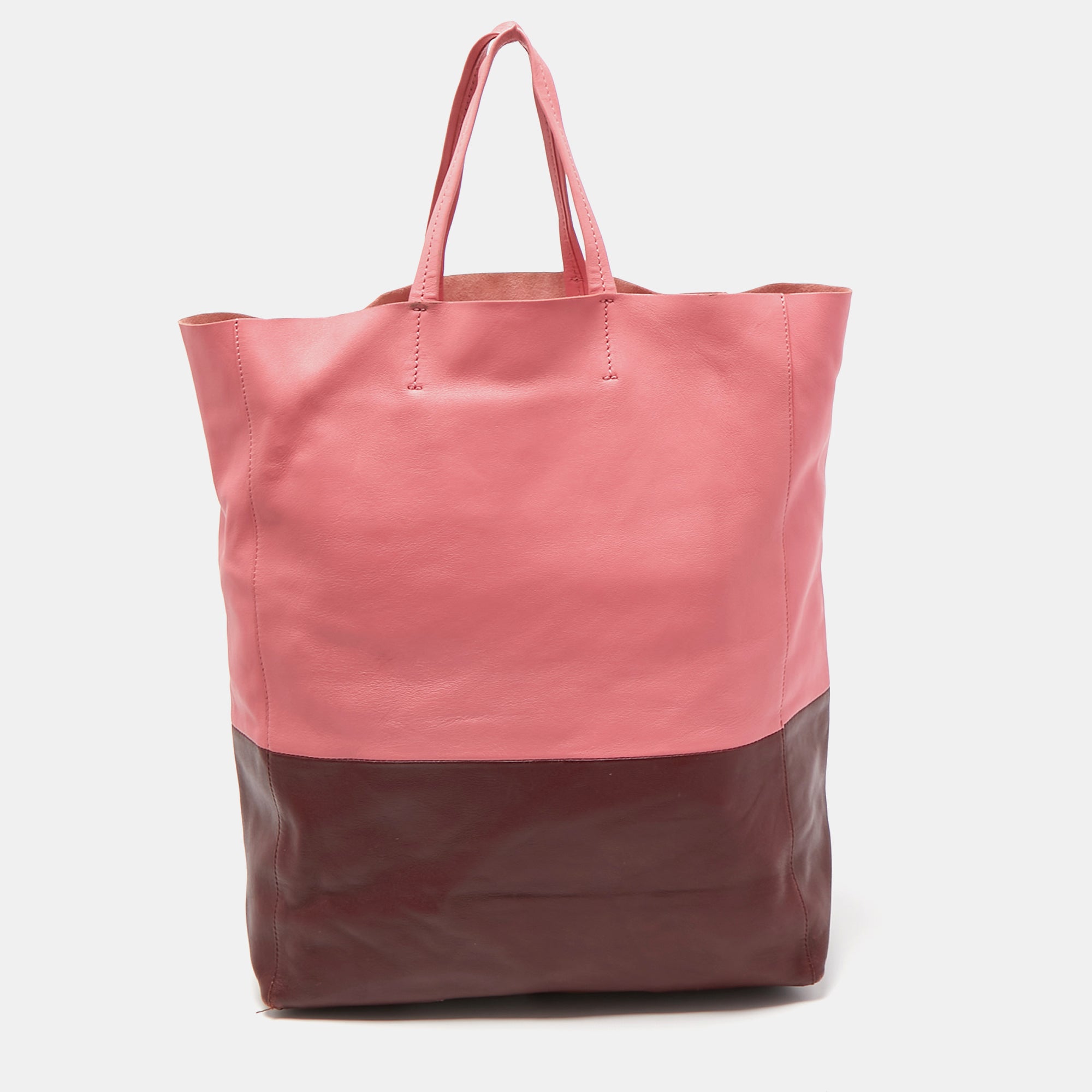 CELINE Pink Burgundy Leather Vertical Cabas Shopper Tote