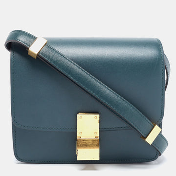 CELINE Dark Green Leather Small Classic Box Flap Bag