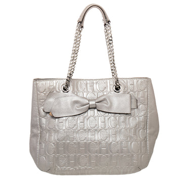 CAROLINA HERRERA Metallic Grey Monogram Leather Audrey Tote