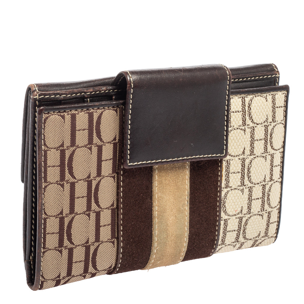 CH Carolina Herrera Monogram Canvas Suede and Leather Flap French Wallet