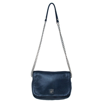 CH CAROLINA HERRERA Navy Blue Leather Chain Flap Shoulder Bag