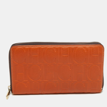 CH CAROLINA HERRERA Orange Monogram Embossed Leather Zip Around Wallet