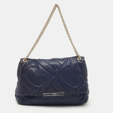 CH CAROLINA HERRERA Blue Quilted Leather Flap Chain Shoulder Bag