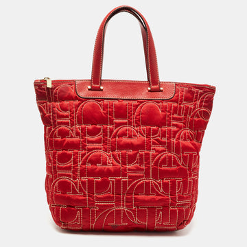 CH CAROLINA HERRERA Embossed Stitch Nylon and Leather Zip Tote