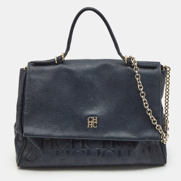 CH CAROLINA HERRERA Navy Blue Leather Minuetto Flap Top Handle Bag