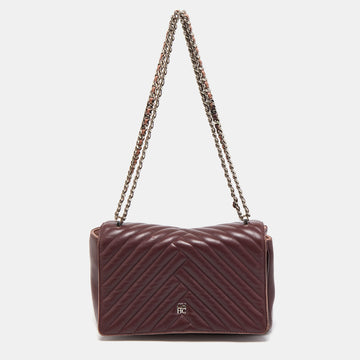 CH CAROLINA HERRERA Burgundy Chevron Leather CH Logo Flap Shoulder Bag