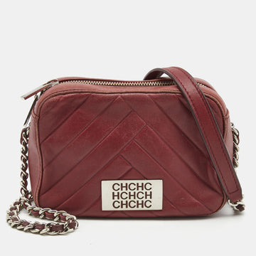 CH CAROLINA HERRERA Burgundy Chevron Leather Logo Camera Crossbody Bag