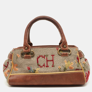 CH CAROLINA HERRERA Brown/Multicolor Printed Fabric and Leather Satchel