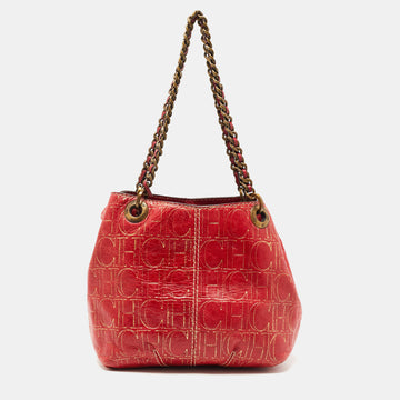 CH CAROLINA HERRERA Red Monogram Embossed Leather Chain Shoulder Bag