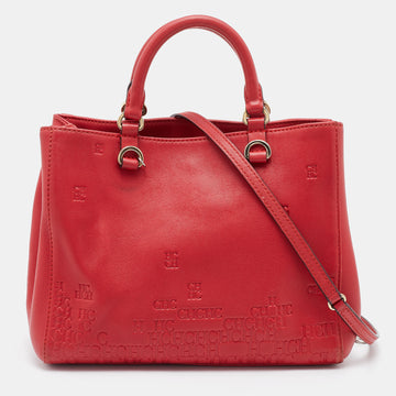 CH CAROLINA HERRERA Red Monogram Embossed Leather Tote